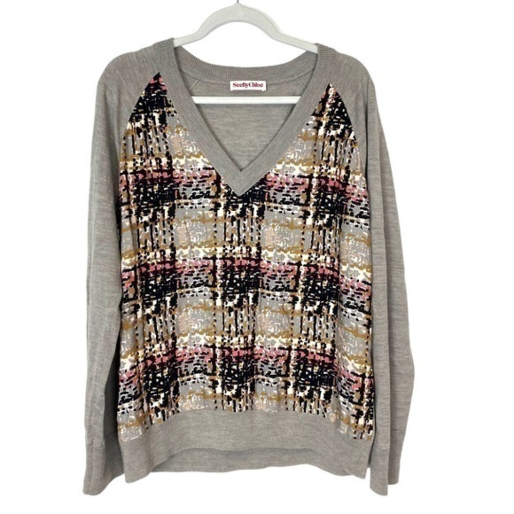 See by Chloe Sweater Large Virgin Wool Plaid Print V Neck Pullover Womens